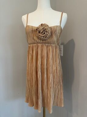 Show Me Your Mumu Metallic Pleated Mini Dress - Gold Rosette Dress
